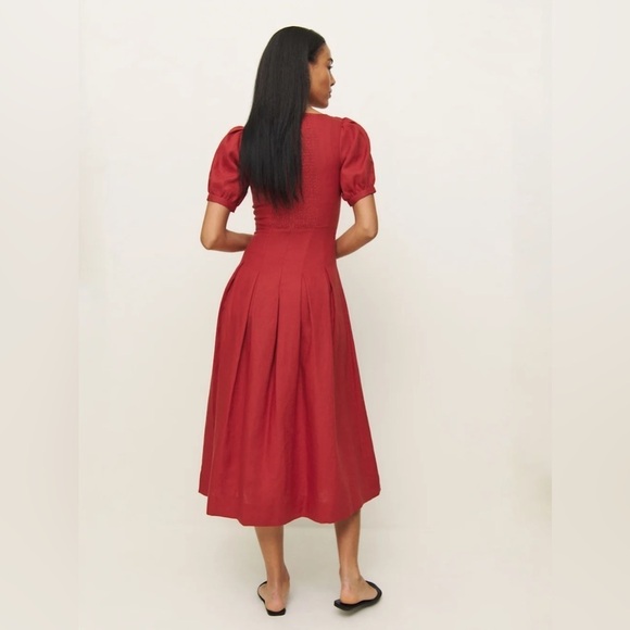NEW Reformation Coucou Midi Linen Dress Sundried Tomato Red | US 2 UK 6 - Picture 4 of 16
